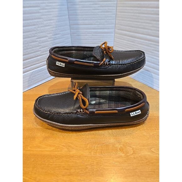 LL Bean Leather Slippers Flannel Lined Rubber Soles Mens 9M Preppy Outdoor Maine - Picture 1 of 10